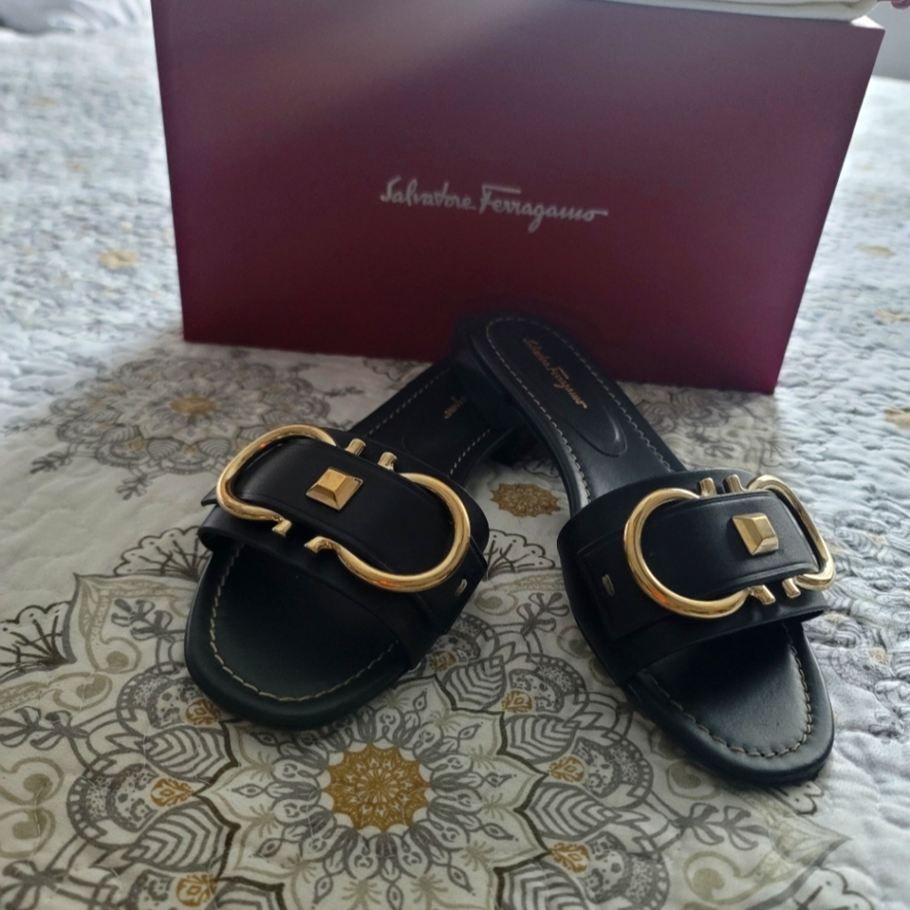 Salvatore Ferragamo Black and Gold Women's Sandals